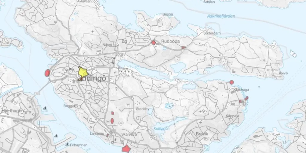 Kartvy över Lidingö med pågående detaljplaner markerade.