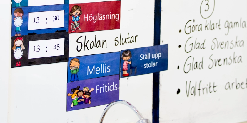 En vit tavla med en massa färgglada skyltar på.
