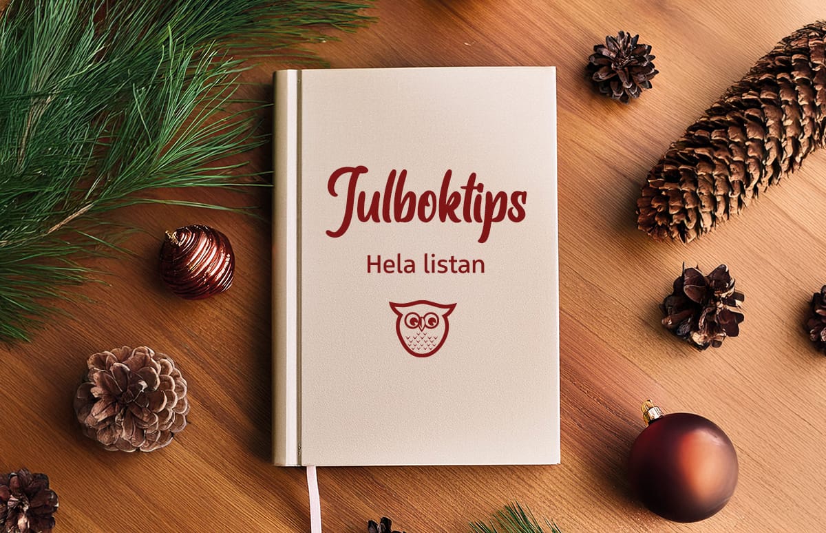 Ett träbord sett ovanifrån. På bordet ligger kottar, julgranskulor och en grankvist samt en bok. På boken står det "Julboktips - Hela listan". Under texten finns bibliotekets ugglesymbol.