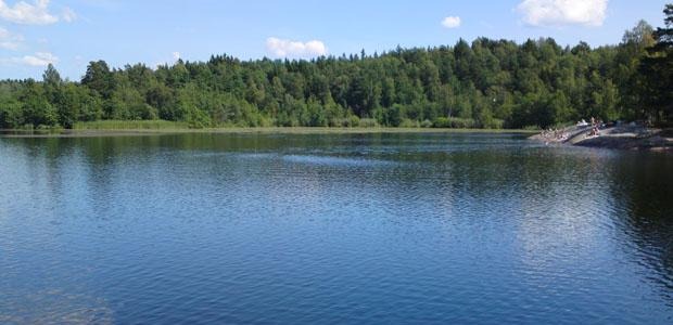 Sjö med träd och badklippa i bakgrunden