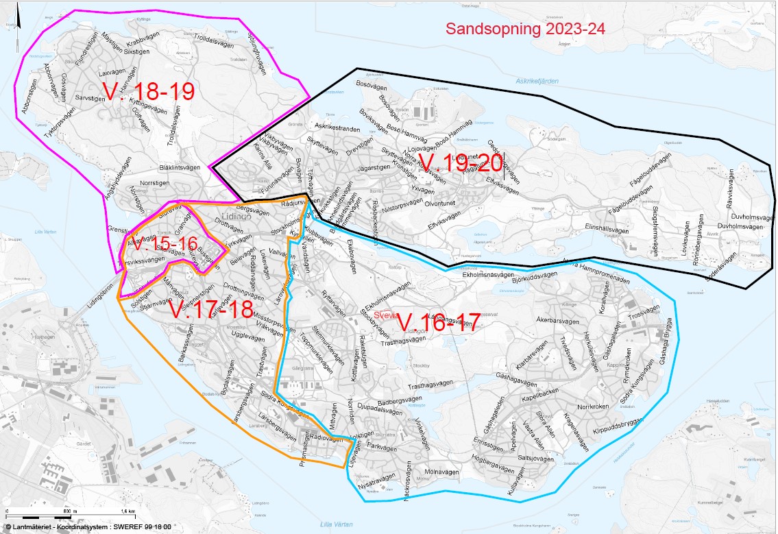 Karta över Lidingö med datum för när sandsopningen sker 2024.