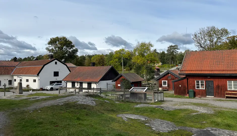 Elfviks gårdsbyggnader med gräs i förgrunden.