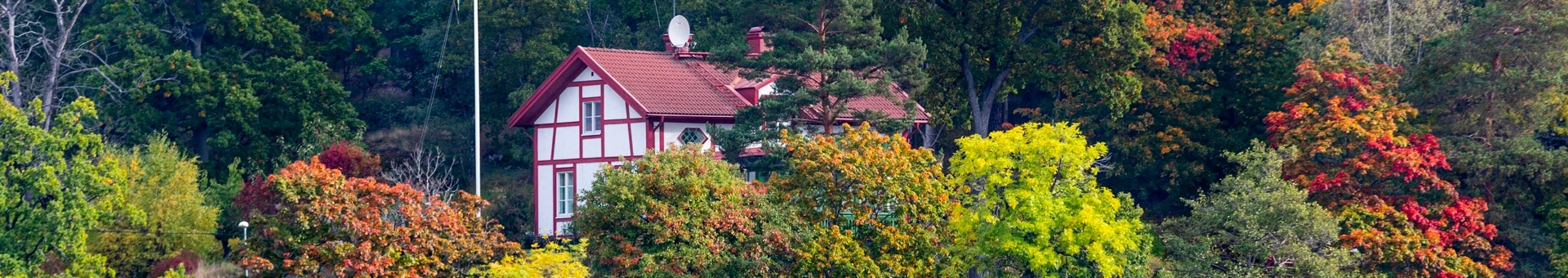 En villa på en kulle omgivet av träd vid vattnet.