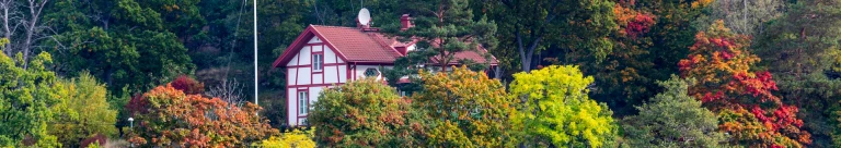 En villa på en kulle omgivet av träd vid vattnet.