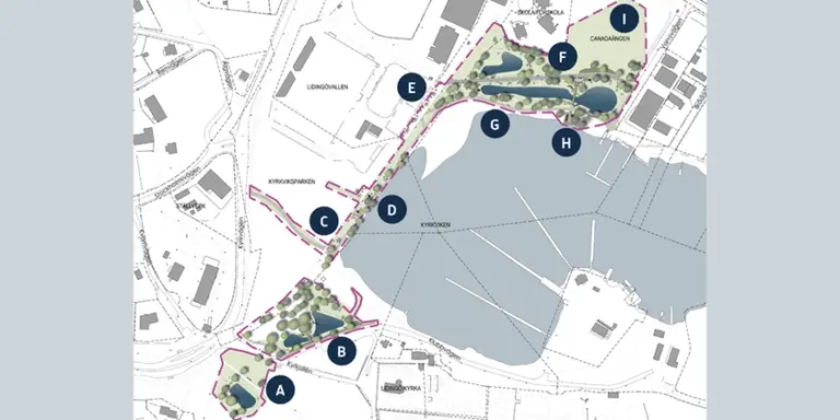 Illustration över dammarna i Kyrkviken och fotografier som visar området i illustrationen