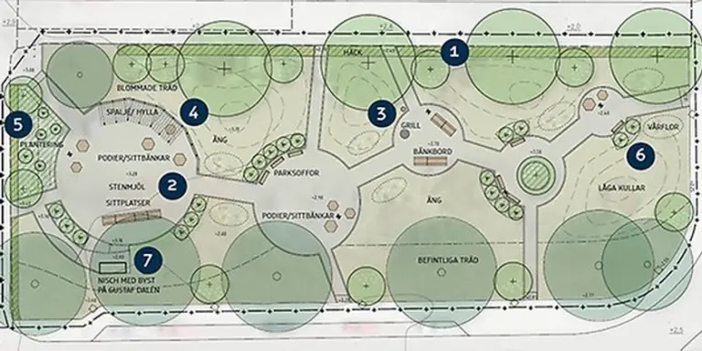 Skiss över hur Dalénparken ska se ut med träd, gångar, buskar och växter utmarkerade