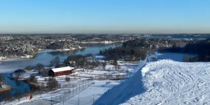 Utsikt över vatten och skog från toppen av en skidbacke.