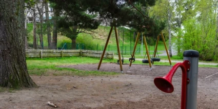 En gungställning i en lekpark bredvid ett träd.