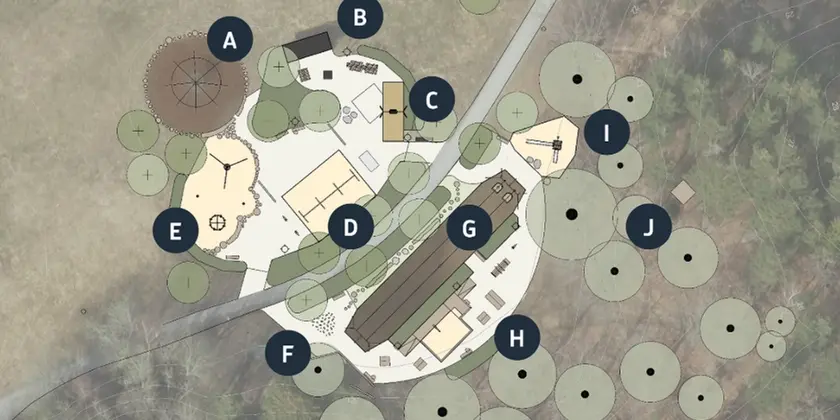Skiss över hur Killingeparken ska se ut med träd, gångar, buskar och växter utmarkerade