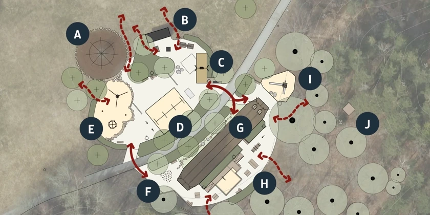 En illustration över en lekpark med många lekredskap samt träd och planteringar.