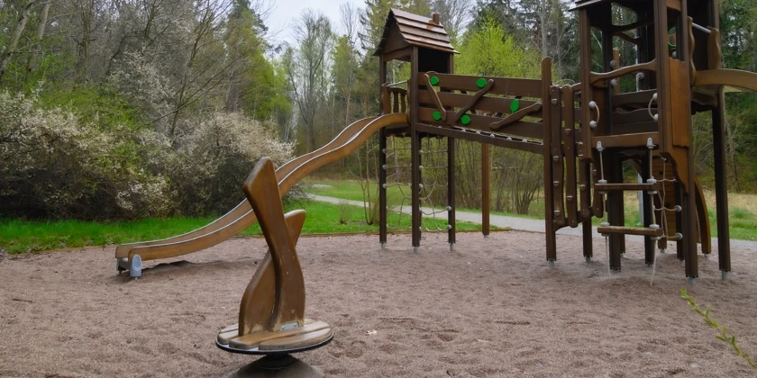 En lekpark med en klätterställning med en rutschkana.