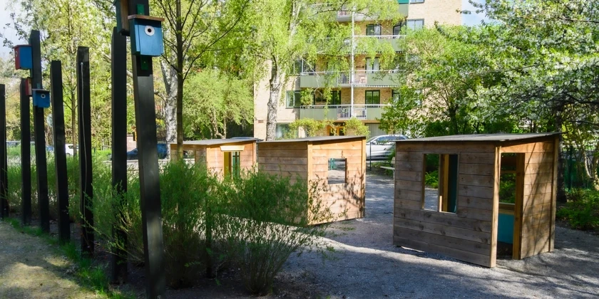 En park med trähus och fågelholkar.