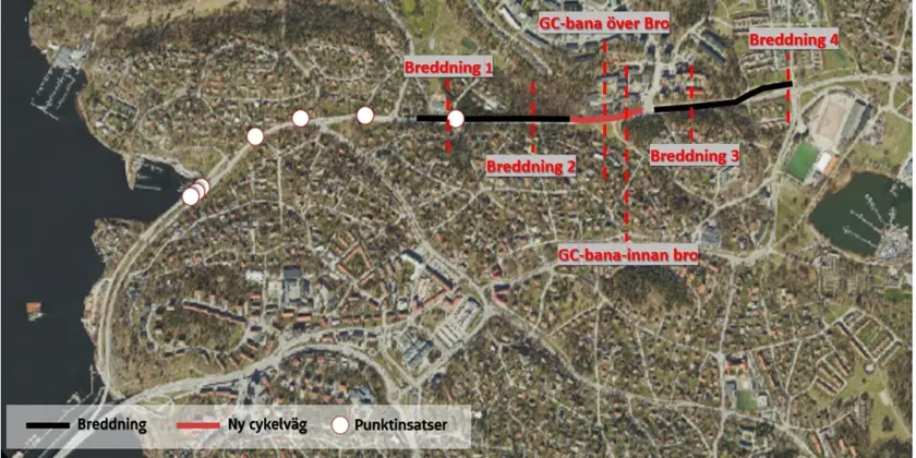 karta över Lidingö där man ser gång- och cykelbanans sträckning och hur det är tänt att vägen ska bli efter arbetet är klart