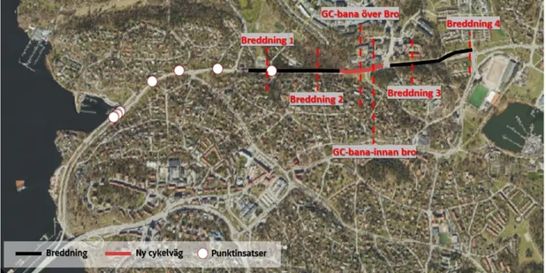karta över Lidingö där man ser gång- och cykelbanans sträckning och hur det är tänt att vägen ska bli efter arbetet är klart