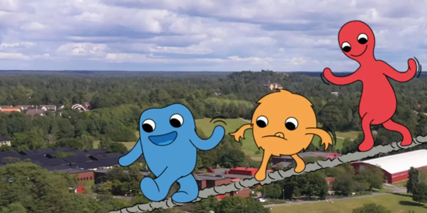 Tre seriefigurer går på ett rep.