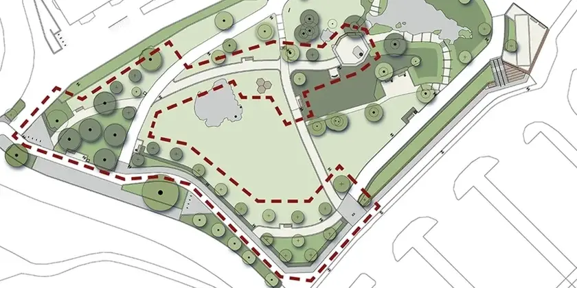 Illustration av park med markeringar hur parken ska byggas om 