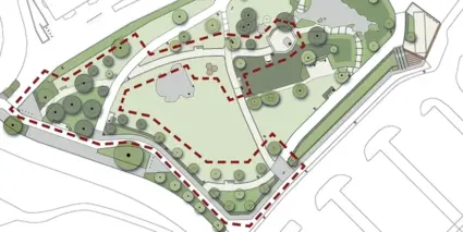 Illustration av park med markeringar hur parken ska byggas om 