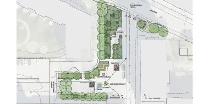Ritning över Larsbergstorg och hur torget kommer att utformas vid renoveringen med träd, växter, fontän och sittplatser markerade i området