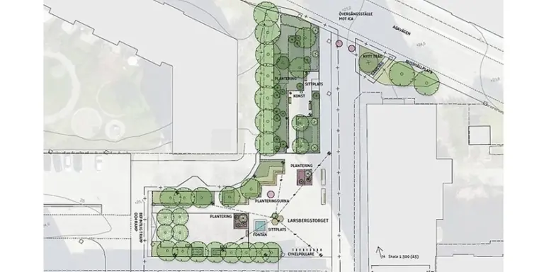 Ritning över Larsbergstorg och hur torget kommer att utformas vid renoveringen med träd, växter, fontän och sittplatser markerade i området