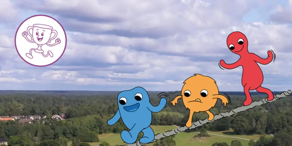 Tre illustrerade figurer promenerar på en lina. I bakgrunden syns Träd och äng och en blå himmel. Till vänster i bilden ses Rörelsebucklans logga som är en illustrerad buckla som fått armar och ben och ett ansikte. 