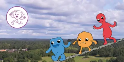 Tre illustrerade figurer promenerar på en lina. I bakgrunden syns Träd och äng och en blå himmel. Till vänster i bilden ses Rörelsebucklans logga som är en illustrerad buckla som fått armar och ben och ett ansikte. 