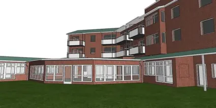 En arkitektbild av hur seniorboendet Tor kommer att se ut. En brun fasad med vita balkonger och fönster med vita karmar. 