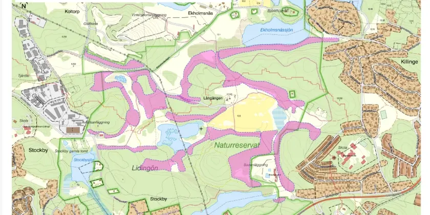 En karta över ett naturområde med markeringar i.
