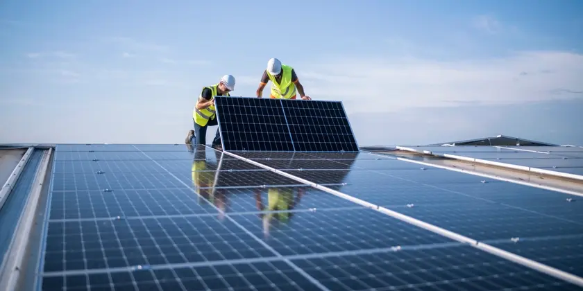 Två män i gula västar installerar solceller på ett tak.