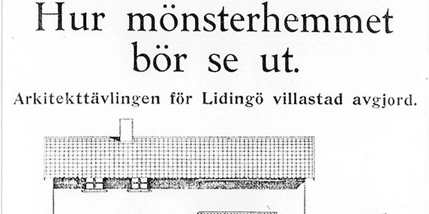 En svartvit annons för en arkitekttävling för Lidingö villastad.