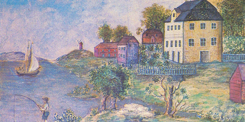 En akvarellmålning av en gård vid vattnet.