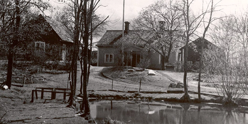 Ett svartvitt foto av en gård och en damm.