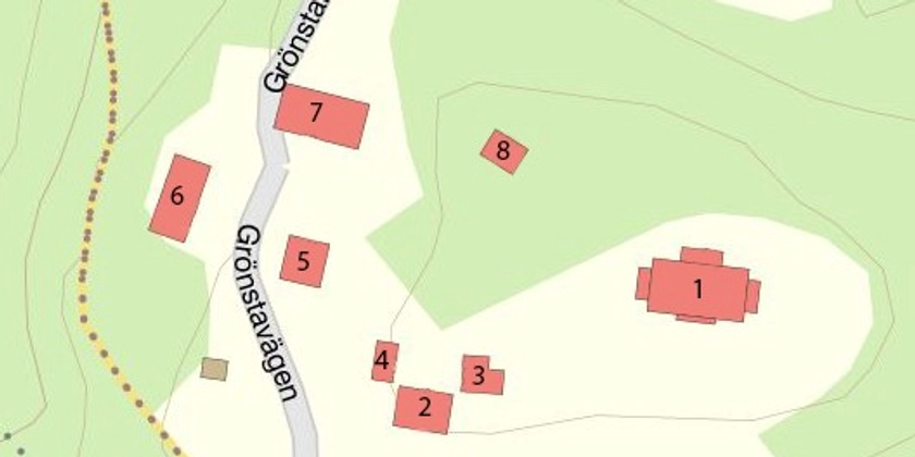 En karta över byggnader vid Grönstavägen.