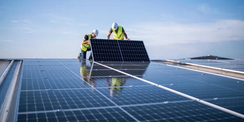 Två män i gula västar installerar solceller på ett tak.