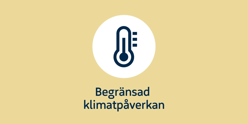 Symbol med en termometer och texten begränsad klimatpåverkan. 