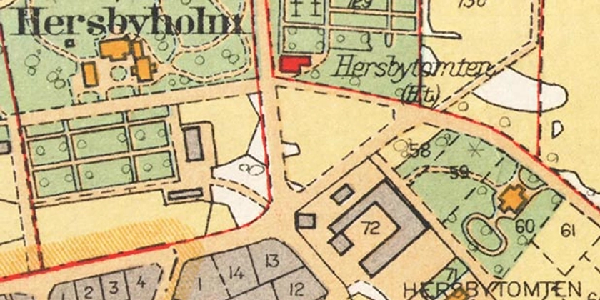 Äldre karta över område Hersbyholm.