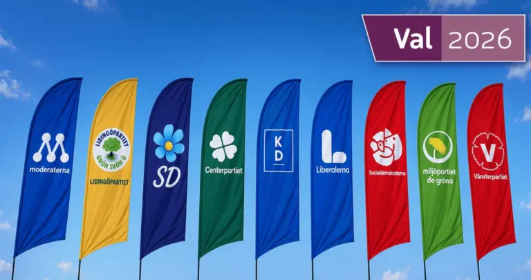 Partiflaggor inför valet 2026 mot blå bakgrund.
