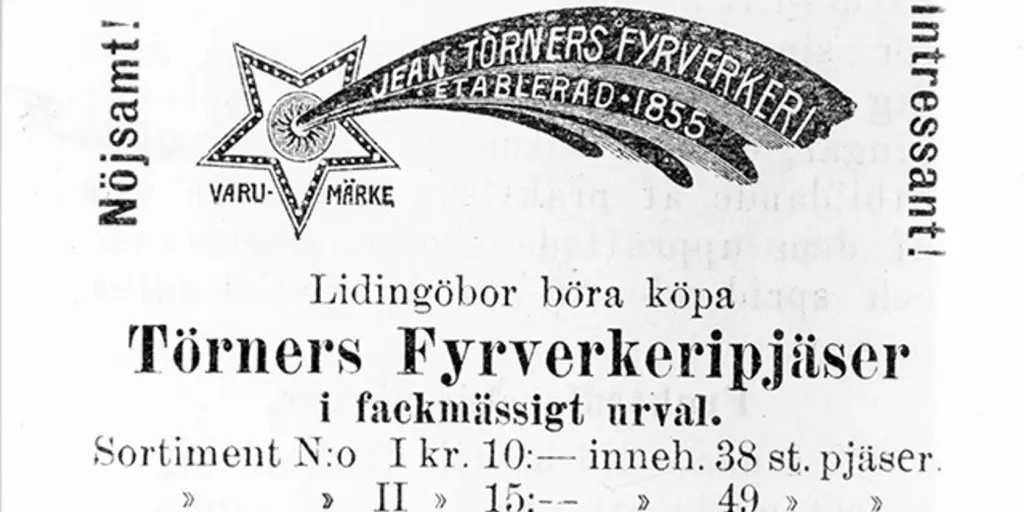 En äldre annons för Törners fyrverkeripjäser.