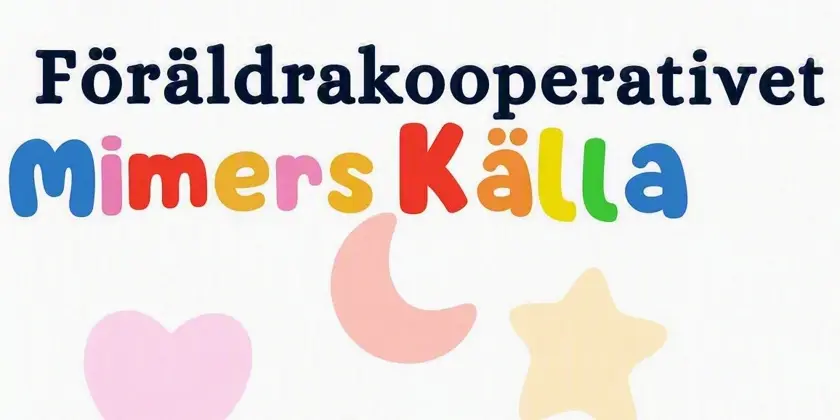 Illustration med stjärna, moln och hjärta samt texten Föräldrakooperativet Mimers källa.