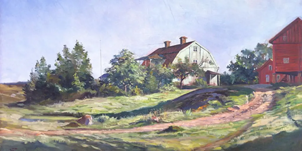 En målning som föreställer en gård med en röd ladugård.