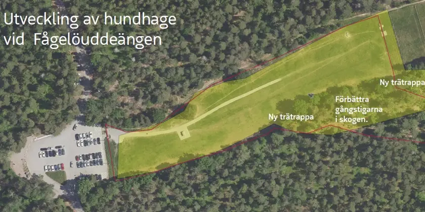 En flygbild över hundhagen vid Fågelöuddeängen.