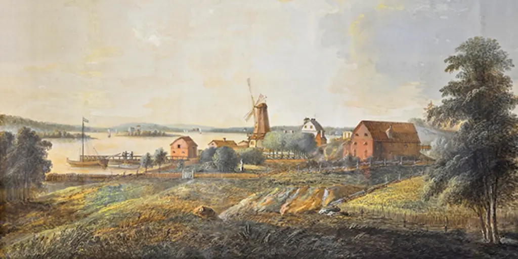 En målning som föreställer en gård med en väderkvarn. 