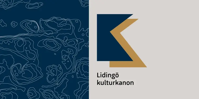 En blå karta över Lidingö och en beige bakgrund med logotyp KK för Lidingö kulturkanon.