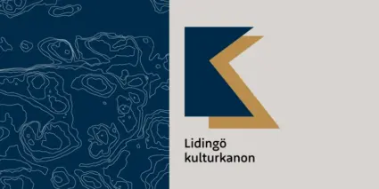 En blå karta över Lidingö och en beige bakgrund med logotyp KK för Lidingö kulturkanon.