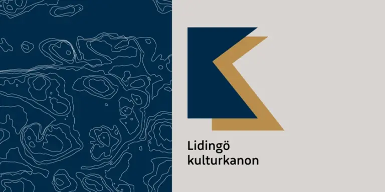 En blå karta över Lidingö och en beige bakgrund med logotyp KK för Lidingö kulturkanon.