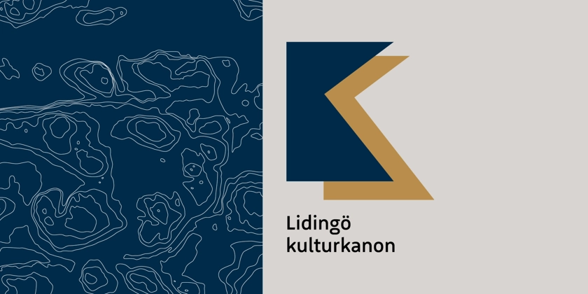 En blå karta över Lidingö och en beige bakgrund med logotyp KK för Lidingö kulturkanon.