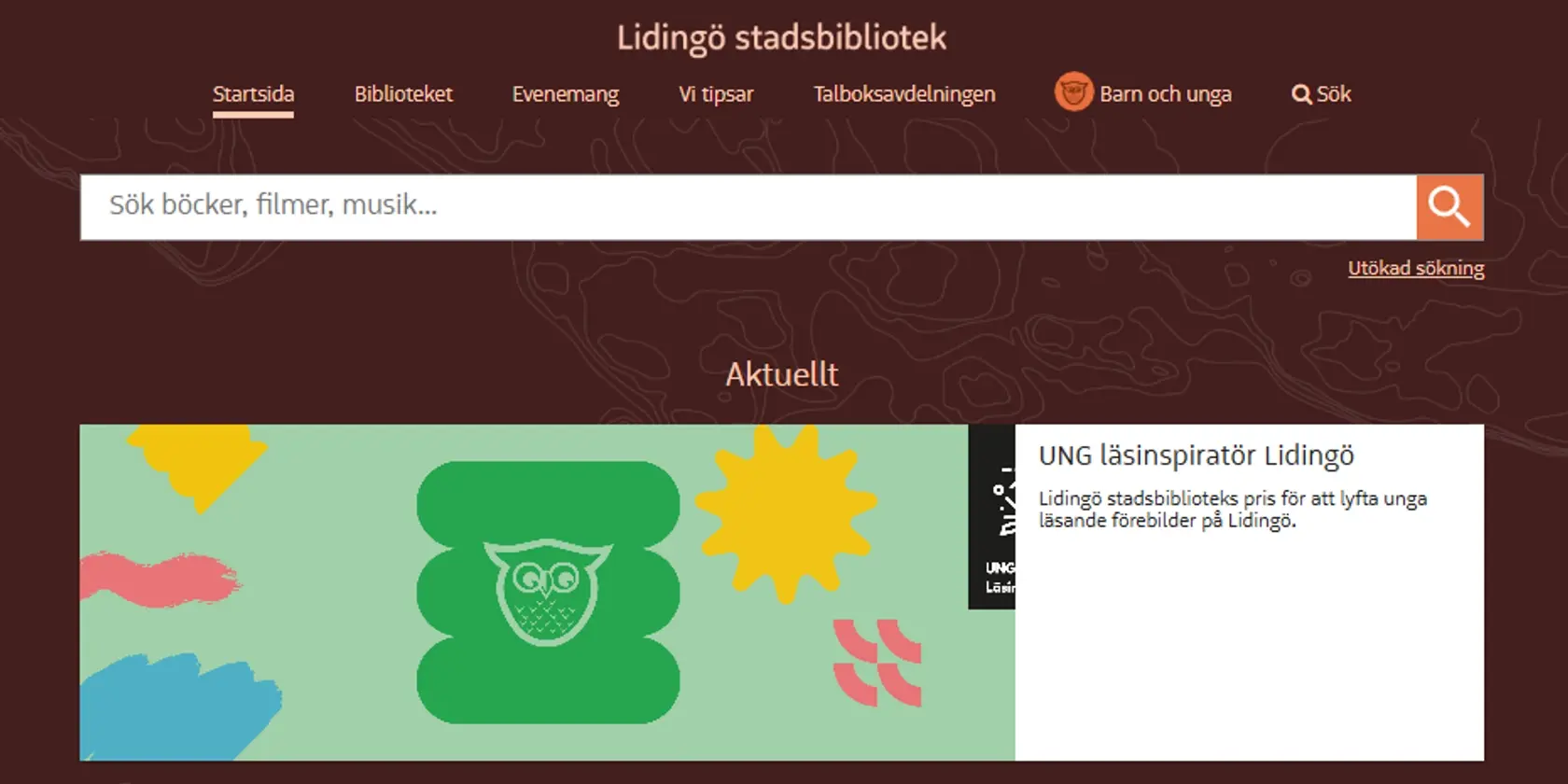 Lidingö stadsbiblioteks startsida på webben. 