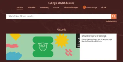 Lidingö stadsbiblioteks startsida på webben. 