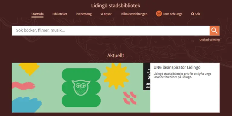 Lidingö stadsbiblioteks startsida på webben. 