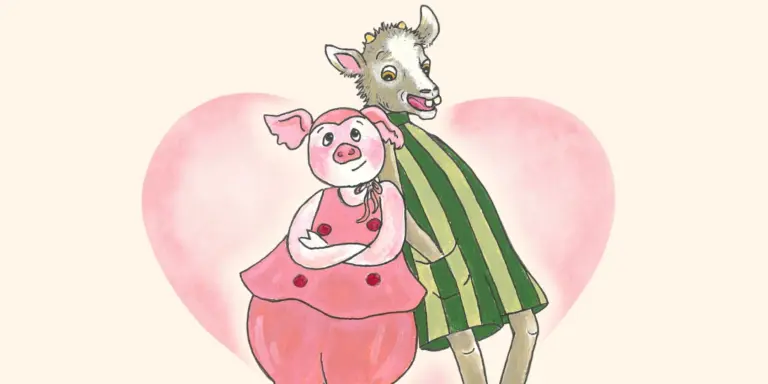 En illustration av en gris och en get i kläder. 